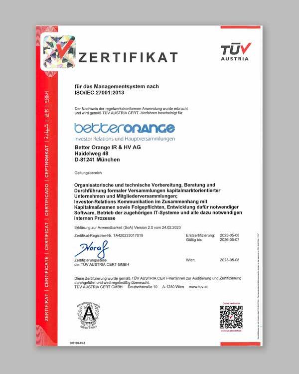 TÜV Austria ISO 27001:2013 Zertifikat Better Orange München